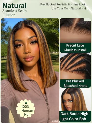 Image of KLAIYI Brown to Blonde Bob Straight Precut 7x5Lace Front Wig Human Hair 10 inch