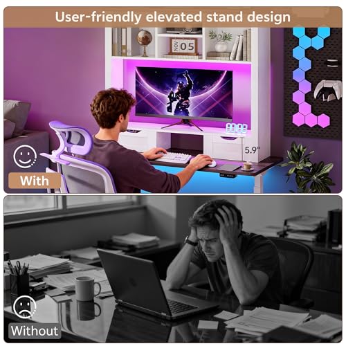 Image of Desk Shelf with Computer Monitor Stand, 37.4''W Desktop Bookshelf Display Rack, Desktop Organizer Storage Rack with Cubbies & Drawers, 5-Tier Hutch for Home, Office, Dorm, Vanity, White&Brown