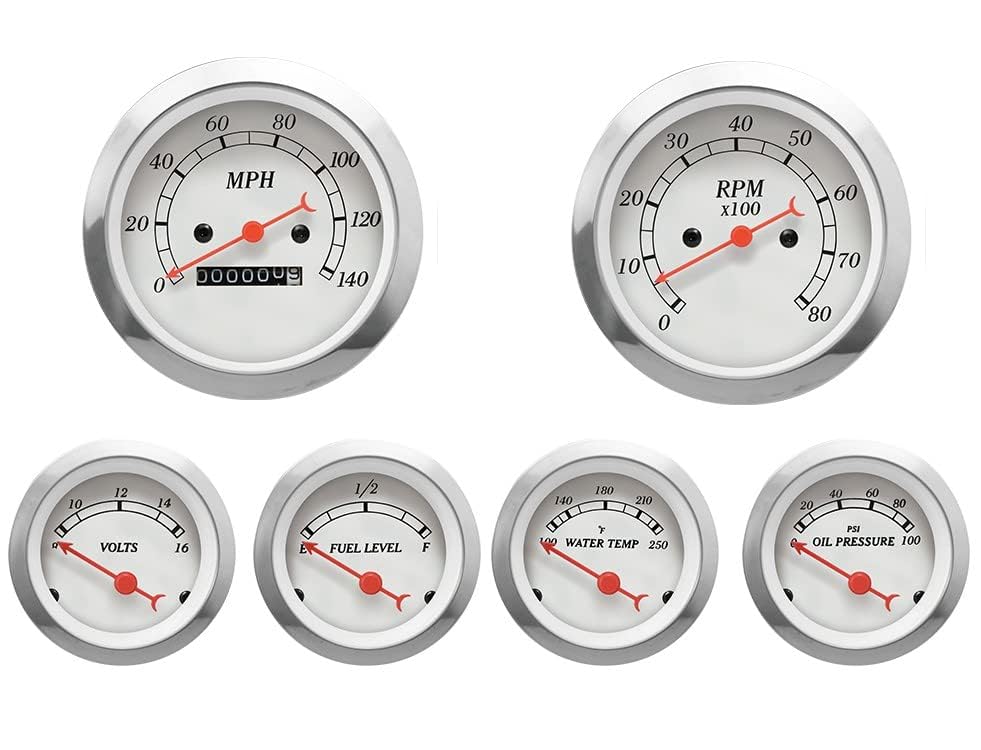 Image of MOTOR METER RACING Classic Mechanical 6 Gauge Set White Dial Red Needle