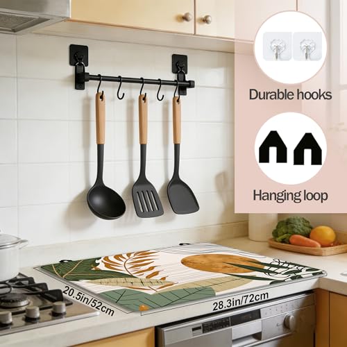 Image of Boho Leaves Stove Top Covers Pad 28 x 20 inches Dish Drying Mat Coffee Bar Mats Kitchen Decor Absorbent Pad Fit Coffee Maker Machine Dish Drying
