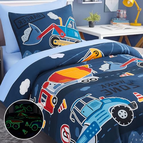 Image of Twin Comforter Set for Boys-5 Pieces Truck Glow in the Dark Bedding Set | Soft Bed in A Bag Twin with Sheet, Pillowcases & Shams