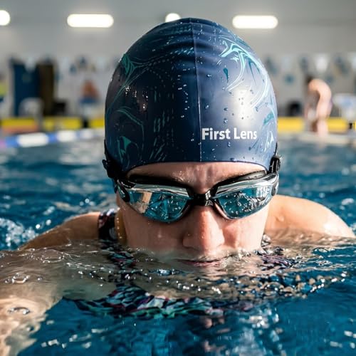 Image of First Lens Swimming Combo Pack with Anti-Fog Goggles, Swimm Cap - Silver Goggle + Aquawave Cap