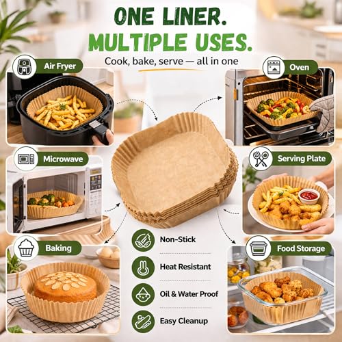 Image of Air Fryer Paper Liners 125 PCS - Disposable Airfryer Paper Sheets, Parchment Paper for Air Fryer, Non Stick Oil Proof Baking Paper Tray, 8 inch Square Liners for Frying, Baking & BBQ