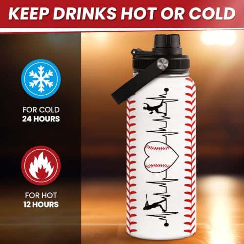 Image of SANDJEST Baseball Water Bottle 32oz Stainless Steel Insulated Bottle for Men, Women, Sports Lovers - Baseball Gifts for Birthday, Christmas