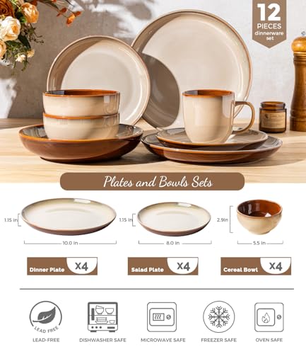 Image of LERATIO Ceramic Dinnerware Sets for 4, 12 Pieces Ceramic Plates and Bowls Sets, Scratch Resistant Dish Set, Oven, Microwave & Dishwasher Safe-Pale Kahki