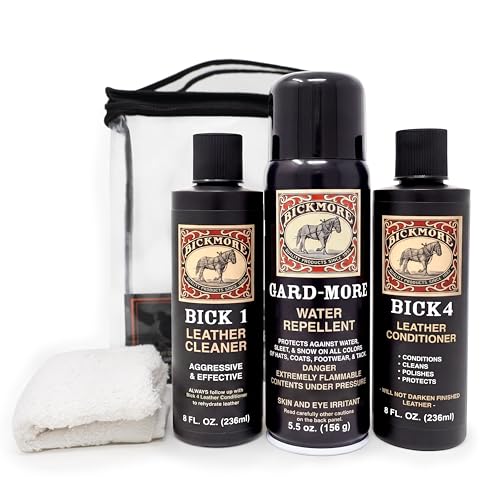 Leather Boot Care Kit - Bick 1 Cleaner, Bick 4 Conditioner, Gard-More Water Repellent Spray & Cloth - Made in USA - Shoe Care Set for Cowboy Boots, Work Boots, Furniture, Bags, Purses, Jackets, & Tack