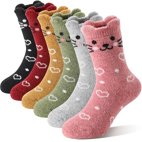 Welwoos Kids Girls Toddlers Merino Wool Cat Socks Thermal Winter Warm Thick Cozy Cute Funny Crew Socks 6 Pairs(Heart Cat M)