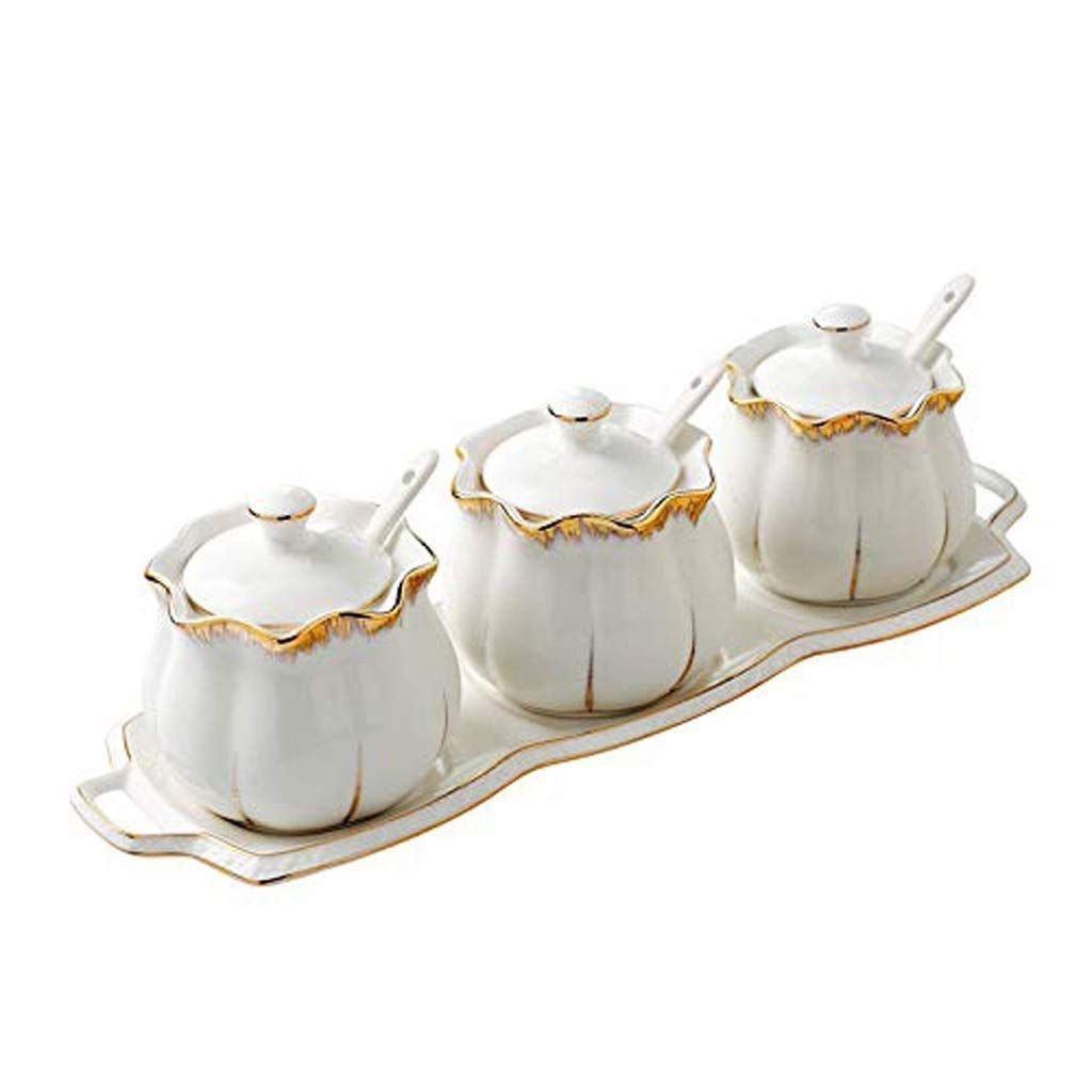 HRWLY European Seasoning Jar-Ceramic Sugar Spice Containers Porcelain Jar with Lids Tray Spoons Condiment Set of 3