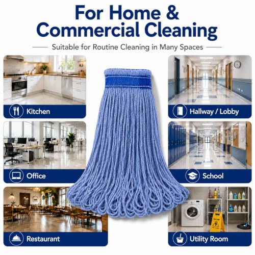 Image of 24 oz Loop-End Cotton String Mop Head, Heavy Duty String Mop Refills, 6 Inch Headband, Mop Head Replacement for Home, Industrial and Commercial Use (blue-6pc)