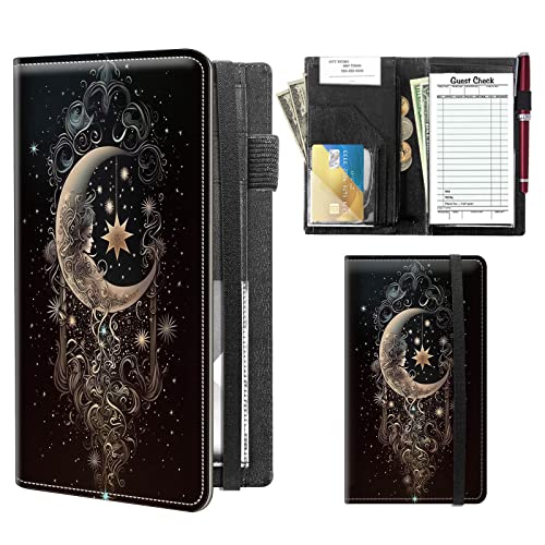 Server Book for Waitress & Waiter 9 x 5 Inch, Hidden Zipper Pockets & ID Holder,11 Money Pockets Fit for Server Waiter Books Guest Check Holder Restaurant Waitstaff Organizer for Apron,Moon Smile Face