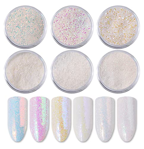 Mesiyun Nail Art White Mermaid Glitter Sequins Holographic Unicorn Sparkle Powder Dust 3D Diy Decorations 6Pots #TOP27