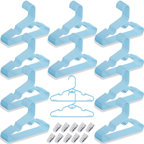 Image of MJRASG 100 Packs Plastic Baby Hangers with Anti-Slip, Lightweight Design in Blue, Ideal for Closet Organization and Space-Saving