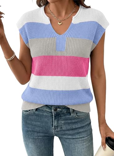 SHEWIN Womens Sweaters V Neck Short Sleeve Sweater for Women Lightweight Striped Womens Tops Pullover Summer Tops for Women Beau Blue Medium