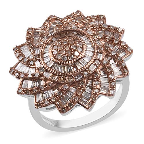 925 Sterling Silver Platinum Rhodium Plated Baguette Champagne Diamond Flower Ring Wedding Anniversary Bridal Jewelry For Her Size 7 Ct 0.8