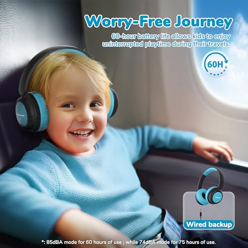 Image of iClever BTH22 Kids Bluetooth Headphones, 60H Play Time, 74 /85 dBA Safe Volume, Bluetooth 5.4, USB C, Over Ear Kids Headphones Wireless with Mic AUX Cord for iPad /Tablet /Travel /School (Black /Blue)