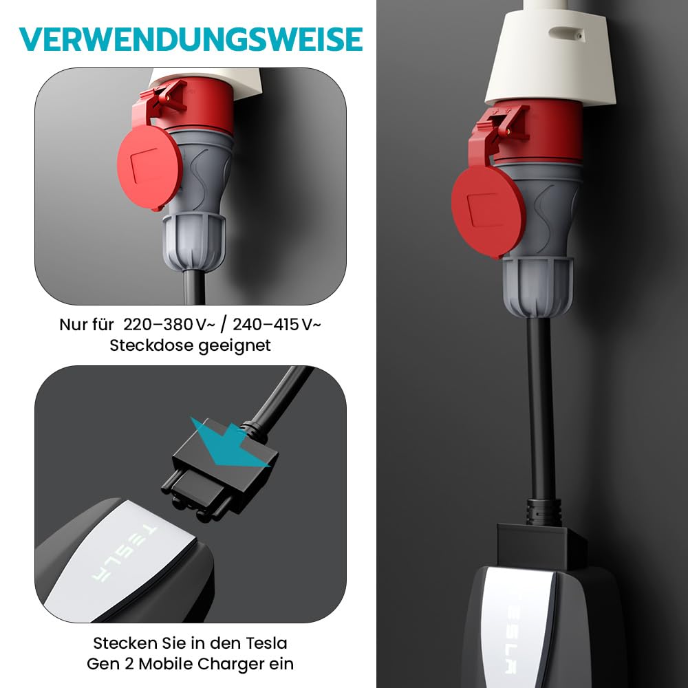 CEE-Tesla Adapter 5 Pin 16A, 0,3 m für Tesla Charger (UMC) | tesla mobile connector,Hochreines Kupfer, niedriger Widerstand, Flammhemmendes, Verlängerungskabel, Kompakter Ladeadapter