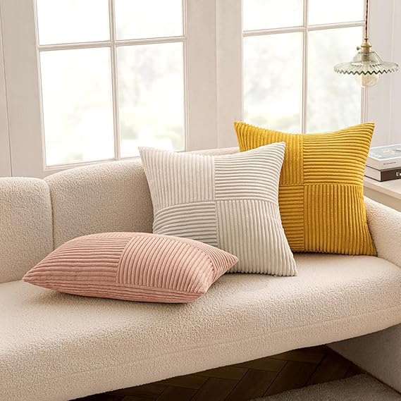 Image of Guffaw Corduroy Pillow Covers Boho Decorative Spliced Throw Pillow Covers Soft Solid Couch Pillowcases Cross Patchwork Cushion Covers for Living Room Bed Sofa 16x16 inch (1, Mustard Yellow)