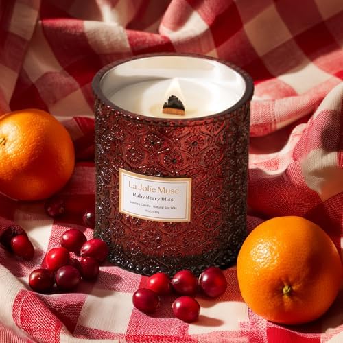 LA JOLIE MUSE Ruby Berry Bliss Scented Candle | Mandarin, Cranberry & Plum | 19 oz Natural Soy Candle | Wooden Wick | 90-Hour Clean Burn | Valentines Gifts for Her | Cozy Home Decor - Thumbnail 3
