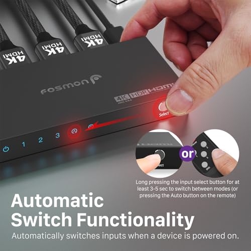 Image of Fosmon 3 in 1 Out 4K HDMI 2.0 Switch (4K@60Hz) with Remote 18Gbps Splitter | 3-Port 4K HDMI Switcher with remote supports High Speed 18Gbps HDR HDCP 2.2 auto-switching Splitter Hub for PS5 Xbox TV PC.