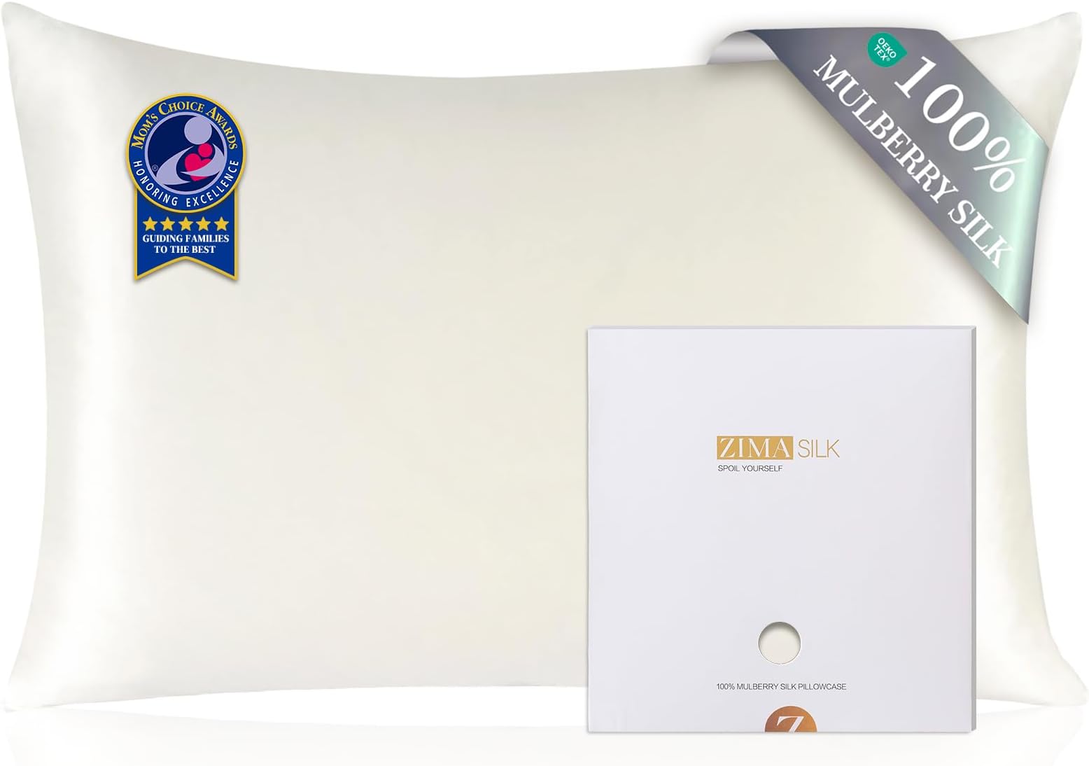 ZIMASILK 100% Pure Mulberry Silk Pillowcase for Hair and Skin Health,Soft and Smooth,Both Sides Premium Grade 6A Silk,600 Thread Count,with Hidden Zipper,1pc(Standard 20''x26'',Ivory)