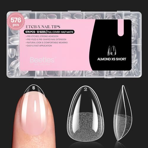 Image of Beetles Gel Nail Tips 576Pcs Extra Short Almond Fake Nails Etch-X Half Matte Press on Nail Tips Full Cover Gifts for Women Gel Nail Polish Extensions Set