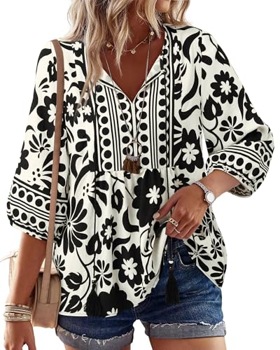 Image of Vivilli Womens Summer Boho Babydoll Tops 3 /4 Sleeve Pleated Peplum Blouses Casual V Neck Tie Front 2026 Tunic Tops