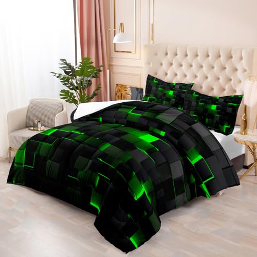 Nttopship Geometric Green Black Comforter Set,Light Honeycomb 3 Piece Bedding