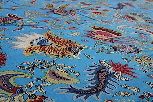 Image of Indian Hand-Block Printed Jaipuri Mukut Floral Print Ethnic Sanganer Kurti Print Cotton Fabric (3 Yards, Tourquoise Mukut)