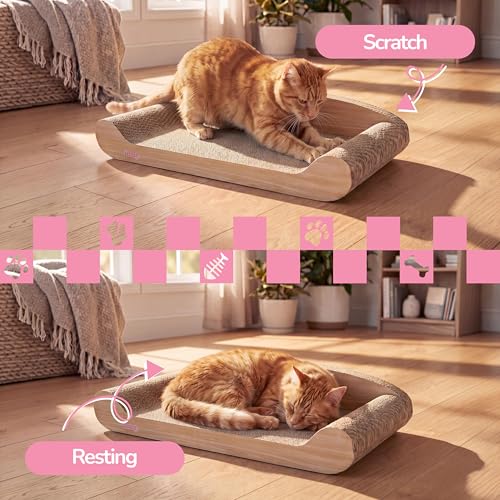 Image of Montego 27.5 inch Cardboard Cat Scratcher Lounge Bed, Corrugated Sofa Scratching Pad with Catnip, Oak Wood Finish Furniture Protector for Large Cats CSR1004C
