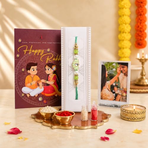 Image of Art Street Rakhi Gift Hamper with Personalized Glitter Photo Frame, with Lotus Designer Floral Rakhi, Greeting Card, Roli Chawal & Decorative Tea Light Holder | Raksha Bandhan Gift for Brother