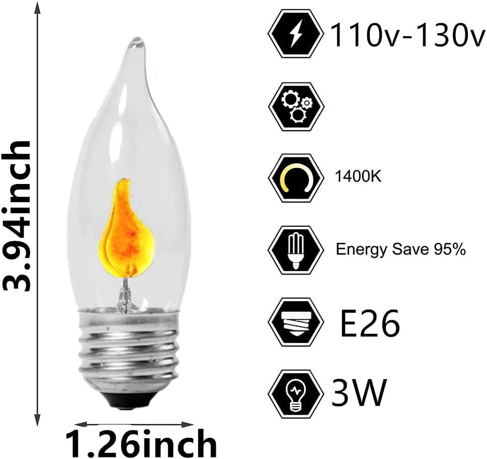 resispa 6 pack flicker flame e26 light bulbs, e26 standard base, flickering orange glow,3w candle style flame tip lights with warm orange glow for chandeliers, lanterns and home decor