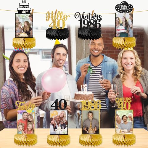 Image of Eucutur 8Pcs 40th Birthday Decorations Honeycomb Centerpieces for Women Men, Black Gold Vintage 1986 40th Bday Photo Table Centerpieces Party Supplies, Glitter Cheers to 40 Year Old Bday Table Topper