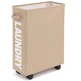 Cesto de roupa suja fino com rodinhas de 63,5 cm, cesto de roupa suja dobrável com alça, organizador e organizador de roupa suja dobrável, cesto de armazenamento alto Modelo Atualizado (Bege)