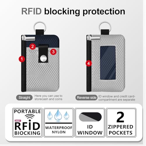 Image of Minimalist RFID Blocking Small Wallet with ID Window,WaterResistant Zip Id Case Wallet with Lanyard Keychain for Cards,Cash,Travel,Women,Men (Light gray /Dark blue)