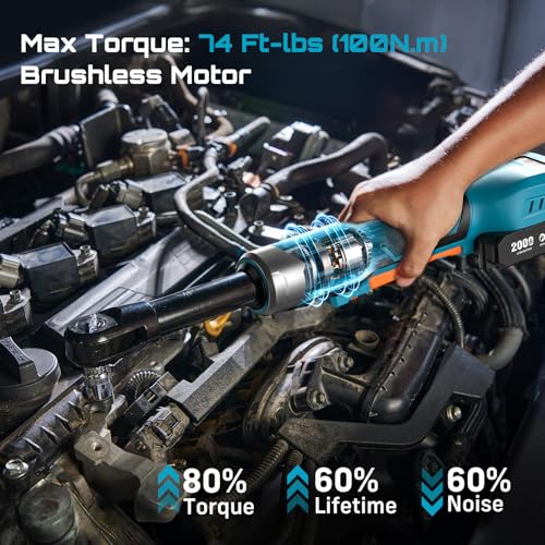 Image of Cordless Electric Ratchet Wrench 3 /8 inch, 6 inch Extended Neck, 3-Speed Adjustable, 74 Ft-lbs Max Torque, 21V Power Brushless Ratchet with 2x2.0Ah Batteries & Fast Charger, 8 Sockets, 1 /4 inch& 1 /2 inch Adapter