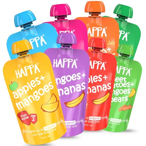 Image of Happa Organic Baby Food Puree Travel Pack | Natural Fruits, Grains and Vegetables | No Added Sugar, No Milk Powder, No Preservatives | Stage 2 (6 Months+) | Ready to Eat | Free from Common Allergens | Pack of 8 (100g Each)