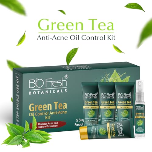 Image of Biofresh Botanicals Green Tea Facial Kit 5-Step Easy Solution for Oil Control Acne Reduction Sebum Production with Brighten Skin Complexion and Glow at Home 100% Vegan Facial Kit for All Skin Types
