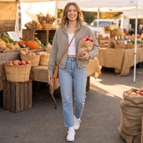 Plaid Bomber Jacket Women Oversized Cropped Funnel Neck Gingham Jacket - image 7