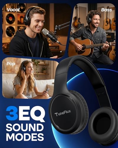 Image of TuneFlux Bluetooth Headphones,70H Playtime Bluetooth 6.0 Wireless Headphones,3 EQ Music Modes Foldable Lightweight Over Ear Headset with Clear Call,HiFi Deep Bass for Home Office Travel (Black)