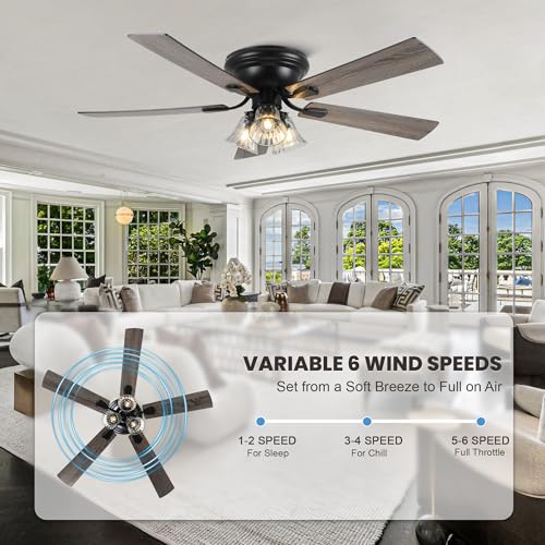 Image of Dawn Whisper 52 Inch Ceiling Fan with Light Flush Mount Classic Vintage Farmhouse Ceiling Fan with 3 E26 Covered Energy Efficient Light Bulbs Base