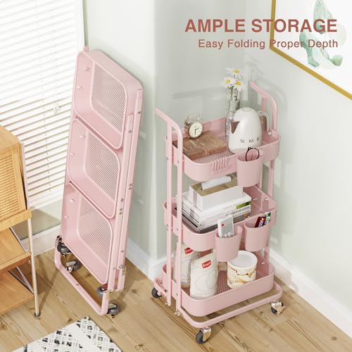 Image of DTK 3 Tier Foldable Rolling Cart, Metal Utility Cart with Lockable Wheels, Folding Storage Trolley for Living Room, Kitchen, Bathroom, Bedroom and Office, Pink