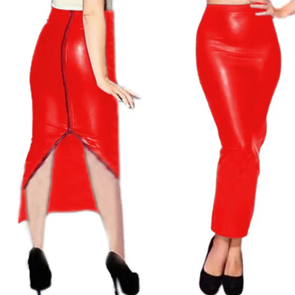 Falda larga de látex sintético para mujer, cintura alta, abertura en la espalda, para oficina, rosso, 5XL