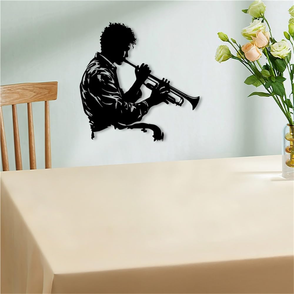 Scultura da parete moderna e minimalista in metallo raffigurante un musicista jazz in stile Art Déco, ideale per casa, soggiorno, studio di registrazione e per gli amanti della musica (50 cm/20 p