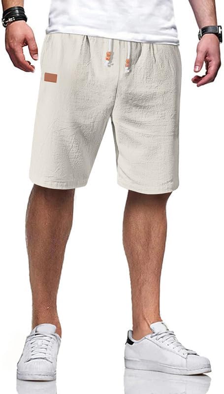 Men's Cotton Linen Shorts 9 inch Drawstring Casual Elastic Waist Summer Beach with Pockets