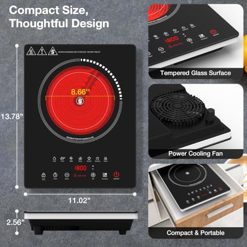 Image of Single Burner Electric Cooktop 1800W, Portable Electric Stove Hot Plate | Nafewin Countertop Stove Top Burner with 8 Power Settings, 4-Hour Timer Child Safety Lock for Apartment, Dorm & Small Kitchen