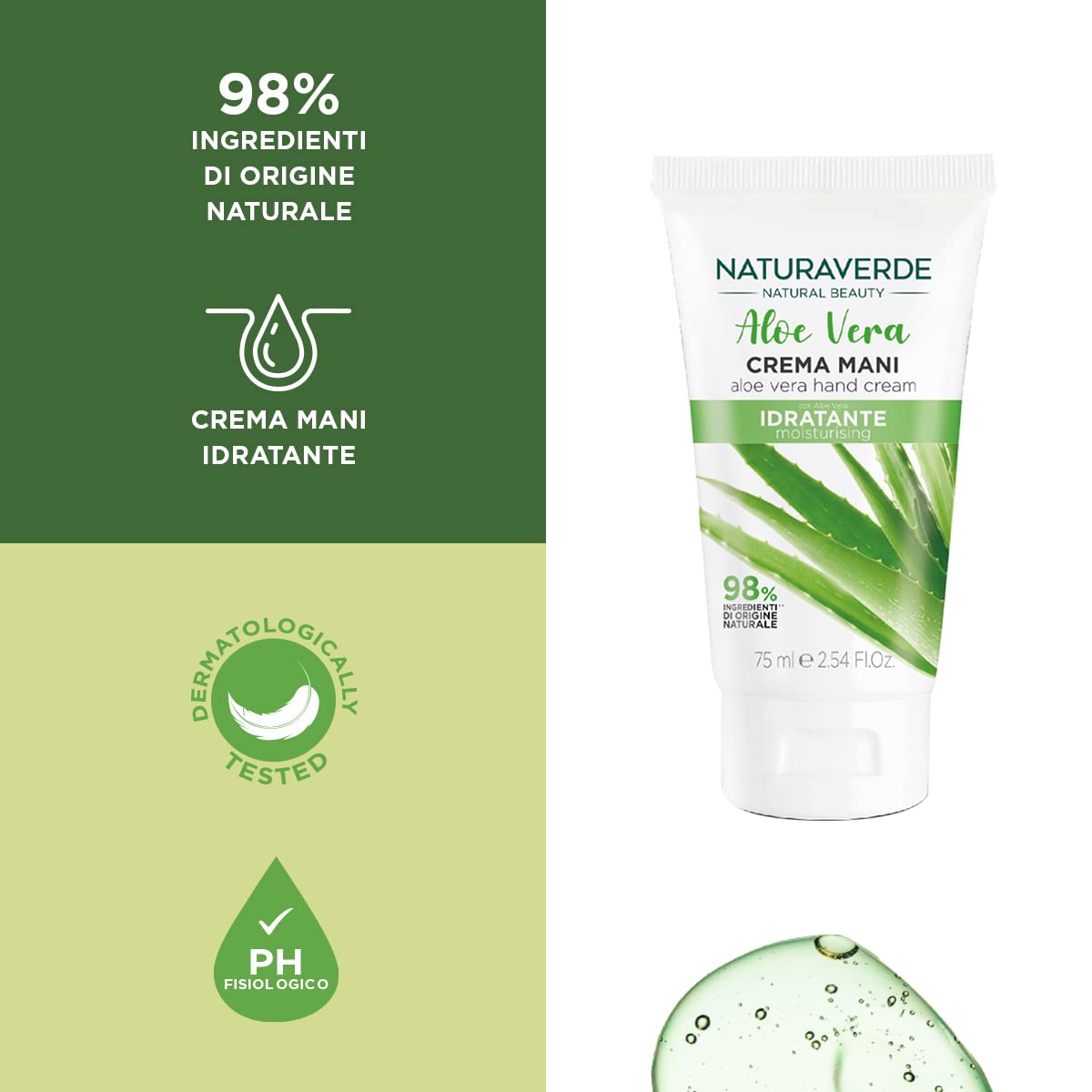 Naturaverde | Natural Beauty - Crema Mani Idratante all'Aloe Vera, per Mani Secche e Screpolate, Ingredienti di Origine Naturale, 75ml