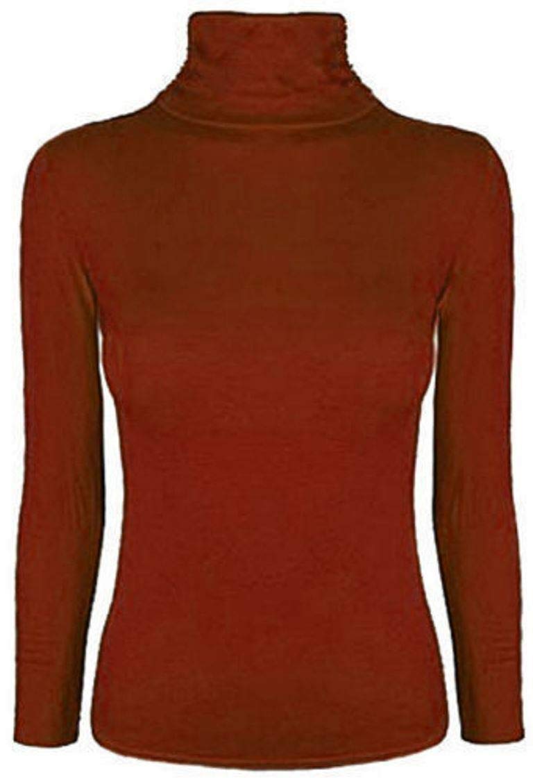 Fashion Lovers Women's Rust Stretch Plain Polo Turtle Roll Neck T Shirt Jumper Top