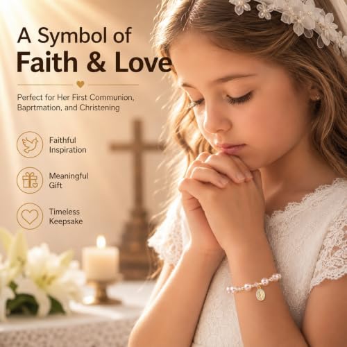 KSF Kids Pink Pearl Beads Bracelet - 14K Gold Plated Virgin Mary Bracelet - image 3