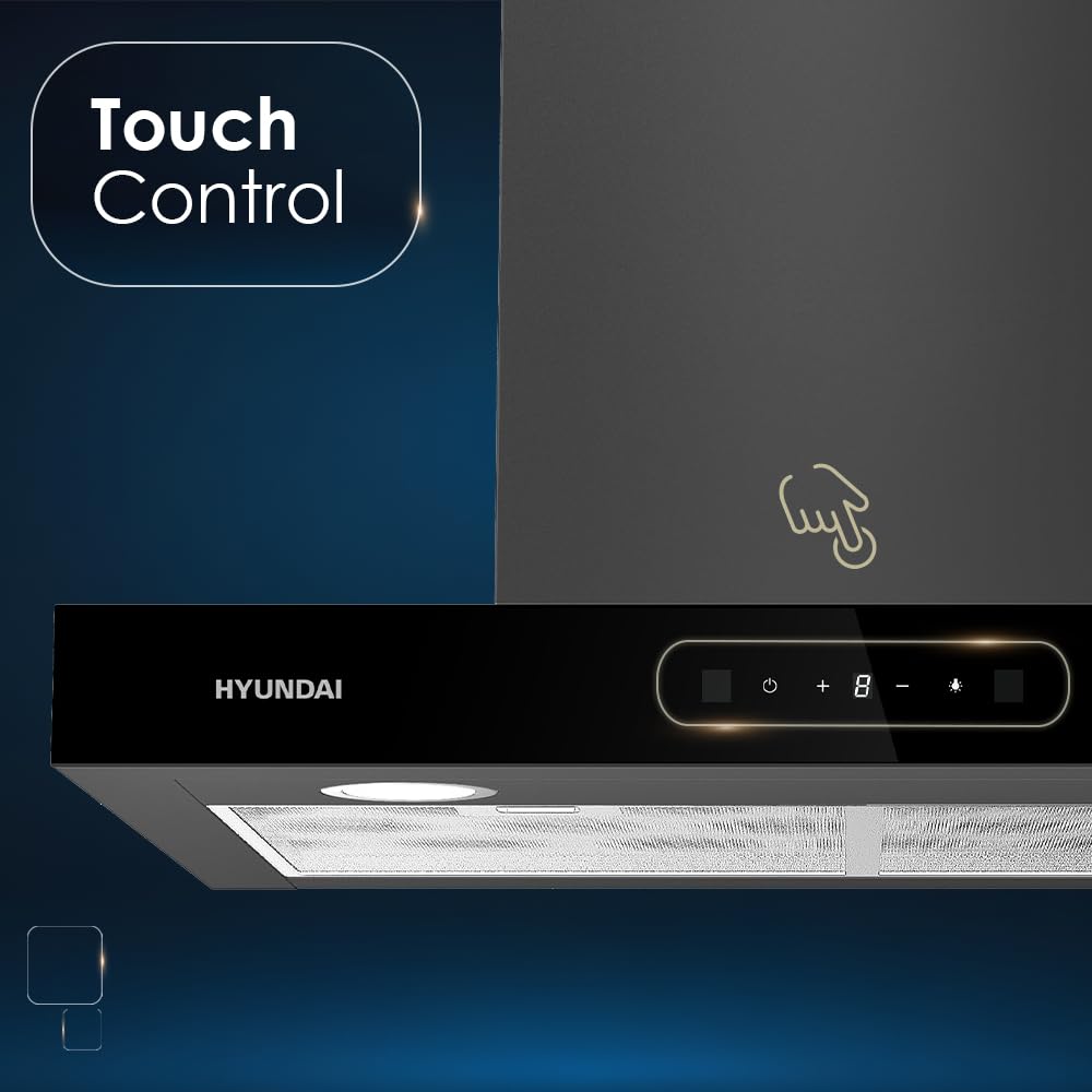 Hyundai Campana Extractora Tipo T 60cm, Cristal Negro, HCTT60DCB00. Potencia 958m3/h, 3 Velocidades, 2 Filtros, 68 dB Nivel Sonoro, Control Táctil, Filtro apto para Lavavajillas