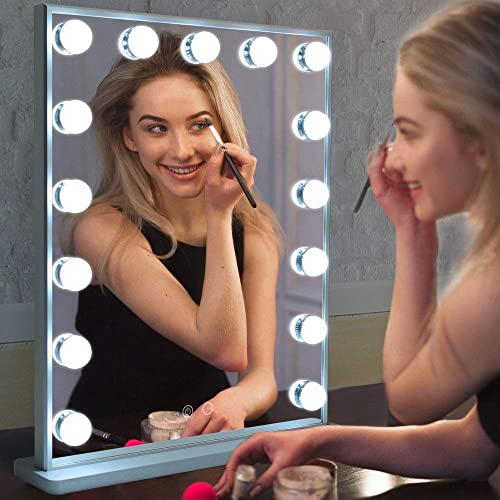 Hollywood Makeup Mirror with Lights,Vanity Mirror with 15pcs Adjustable Led Lights,Tabletop or Wall Mounted Dressing Illuminated Cosmetic Beauty Mirror Adjustable Brightness BEAUTME (silver) - Thumbnail 2